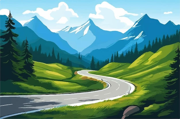 Vector a painting of a road going through a valley with mountains and trees