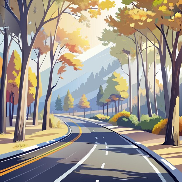 Vector a painting of a road with trees and a road with a mountain in the background