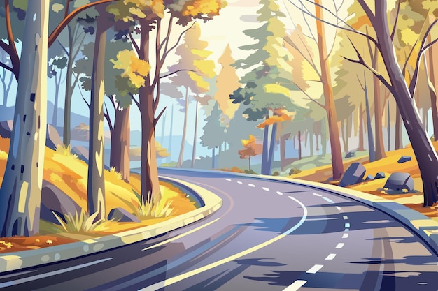 Vector a painting of a road with trees and a road with a painting of a road with a road and trees