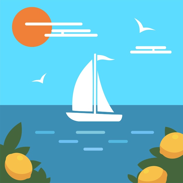 Vector a painting of a sailboat with oranges and a blue sky with the words the sun on it