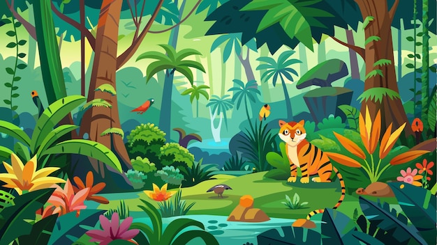 Vector a painting of a tiger in a jungle with a waterfall in the background