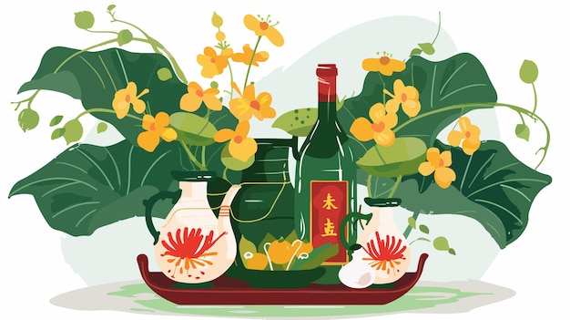 Vector a painting of a vase with flowers and a bottle of tea