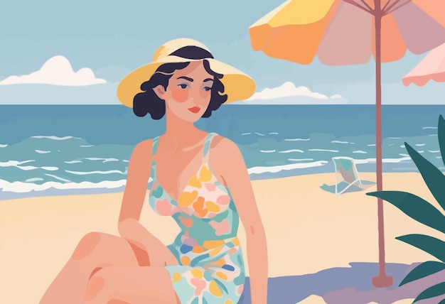 Vector a painting of a woman on the beach with a hat on