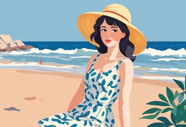 Vector a painting of a woman in a blue dress on the beach