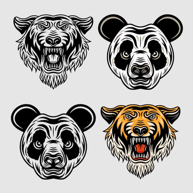 Panda head and tiger head cartoon characters Animals set of vector objects in two styles colored and black and white