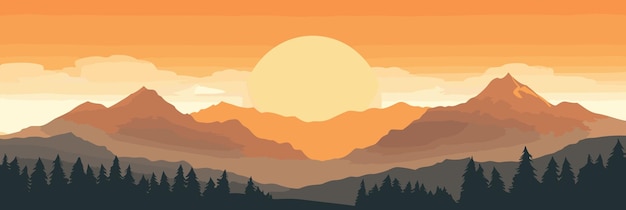 Vector panorama beautiful mountain evening landscape vector flat illustration