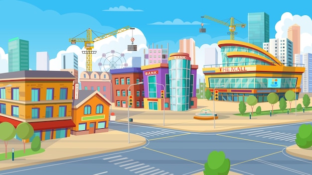 Vector panorama city building houses with hotel bank cafe mall vector illustration in cartoon style