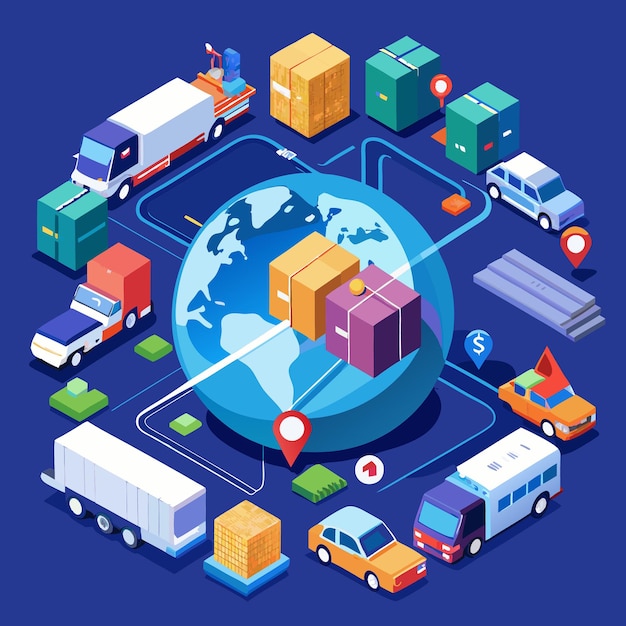 Vector panorama of global logistics operations with diverse transportation modes