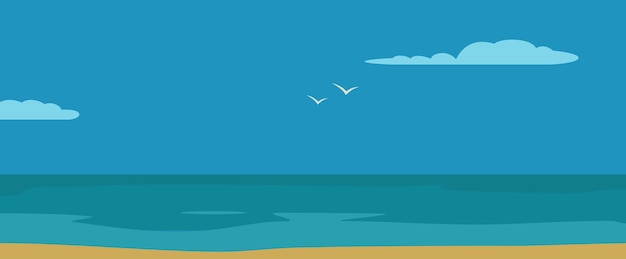 Panorama sea with waves and sky with clouds. Vector flat horizontal color illustration. For banner