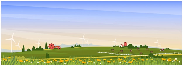 Panoramic Vector illustration of rural countryside with farmhouse,horse ranch and wind turbine in spring. Beautiful flat design of farm or agricultural with poppy and wild flower.Organic farm concept