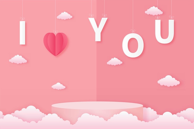 paper cut happy valentine's day concept. landscape with text I LOVE YOU and heart shape and geometry shape podium on pink sky background paper art style.