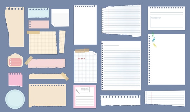 Paper notes. Copybook linear pages lists of notebooks different sizes stripped notes.