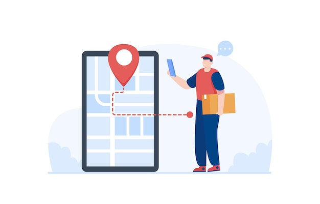 Vector parcel delivery staff checking the delivery location tracking online delivery using mobile illustration