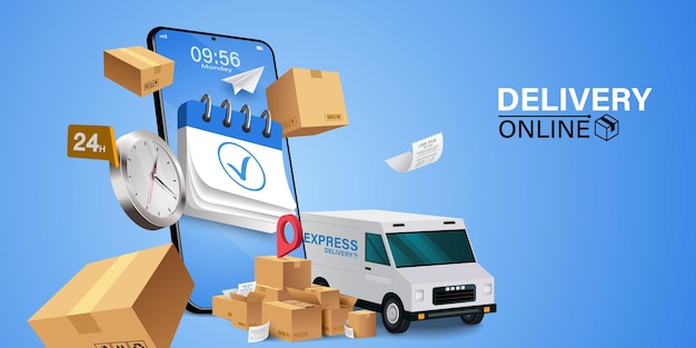 Vector parcel tracking app delivery truck with cargo box is on a mobile phone online parcel inspection