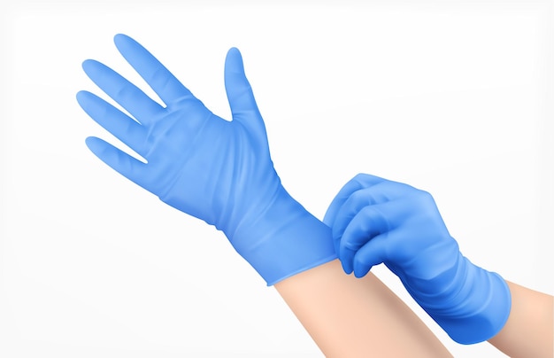 Pare of human hands in blue latex gloves used for personal protection realistic design concept illustration