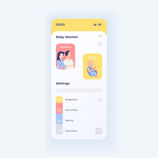 Parent surveillance smartphone interface vector template. Mobile app page white design layout. Baby remote watching for mother and father screen. Flat UI for application. Phone display
