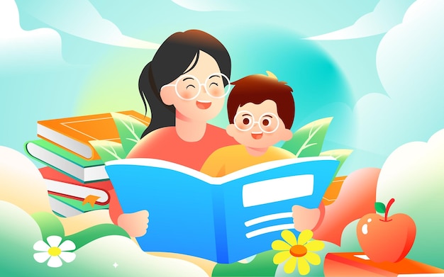 Parents guide their children to read and study, the background is various books and plants, vector