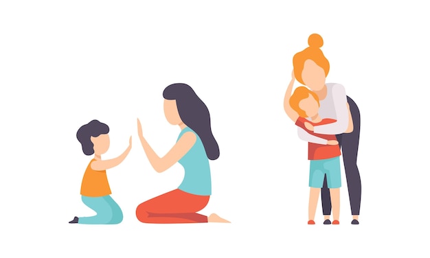 Vector parents and their kids having good time together set mom playing patty cake and hugging son flat vector illustration