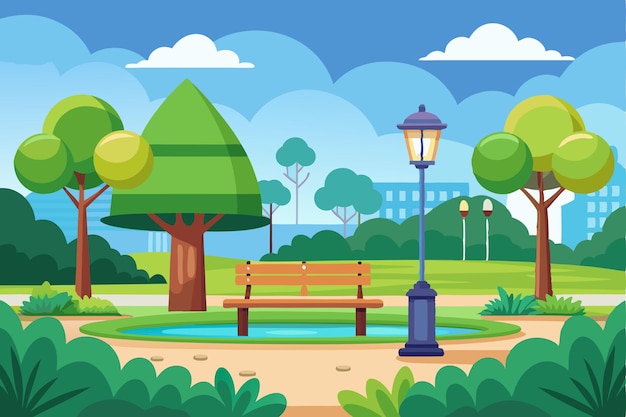 Vector park scene with bench lamppost and small pond