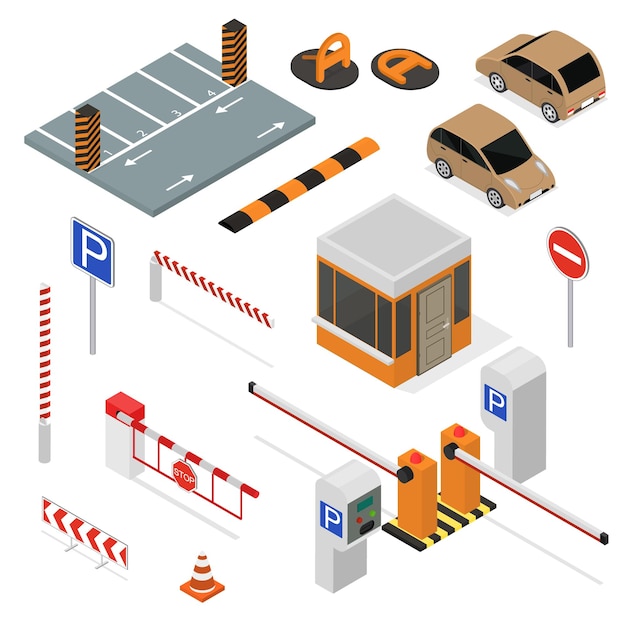 Vector parking elements concept 3d icon set isometric view include of car sign place and barrier vector illustration of icons