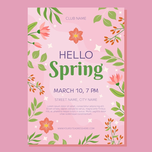 Party poster template with pink flowers and green leaves framing a pink background