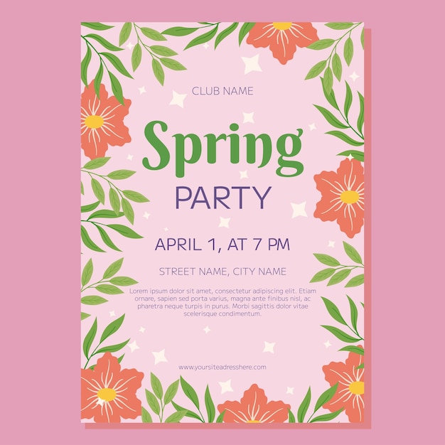 Party poster template with pink flowers and green leaves framing a pink background