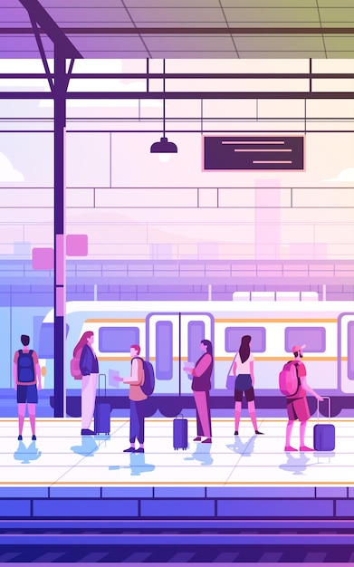 Vector passengers with baggage standing on railway station people waiting on platform public transport transportation concept vertical