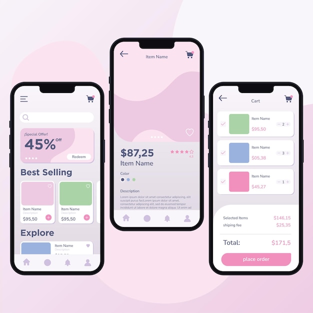 Vector pastry colored marketplace mobile app ui mockup template vector