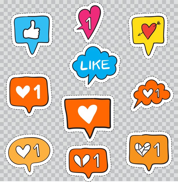 Vector patch badges with social network elements. vector illustration isolated on transparent background. set pack of stickers, pins, patches in cartoon 80's - 90's comic style.