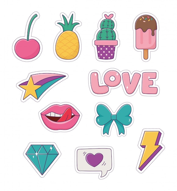 Vector patches pineapple ice cream cactus bow lips diamond love fashion badge sticker decoration icons