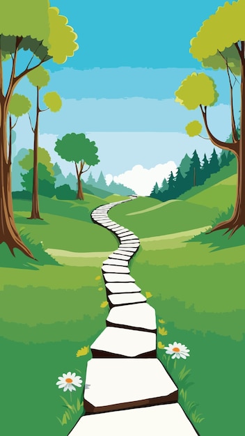 Vector a path in the woods with trees and grass cartoon drawing artwork vector