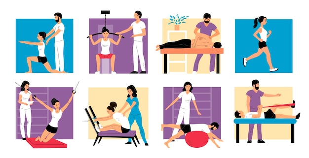 Vector patient doing exercises under the supervision of a doctor