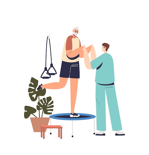 Vector patient exercising at rehabilitation therapy nurse doctor helping man with physical disability