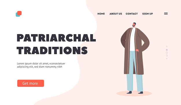 Patriarchal Traditions Landing Page Template Muslim Male Character Wear Traditional Dress Arab Man in National Clothes