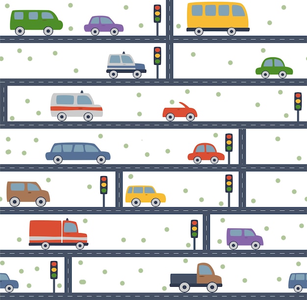 Vector pattern with cars traffic light and road
