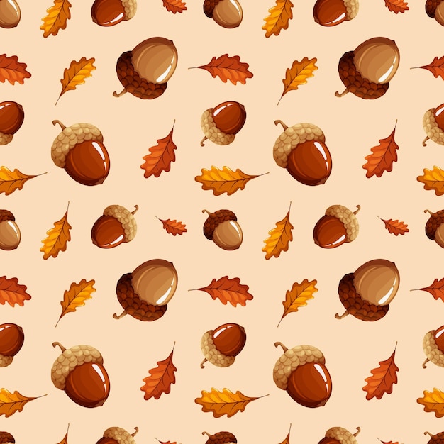 Vector pattern with light and dark acorns and leaves on beige background