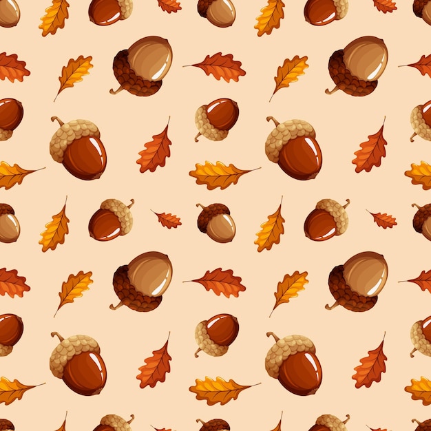 Pattern with light and dark acorns and leaves on beige background