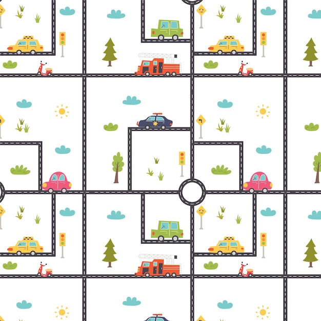 Pattern with a road map and cars. Nursery digital paper, vector hand drawn illustration