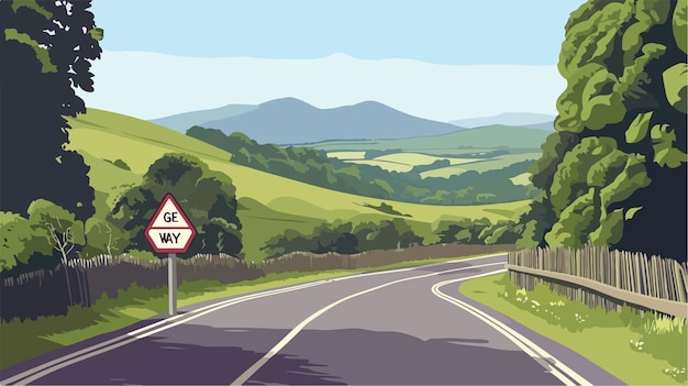 Vector peaceful countryside drive with give way sign