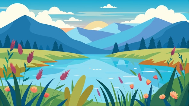 A peaceful landscape of a serene lake nestled amidst a meadow of tall swaying grasses and patches of