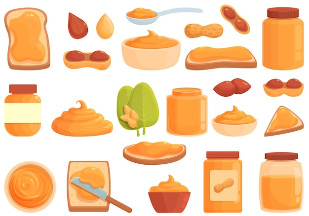 Peanut butter icons set cartoon vector Nut allergy