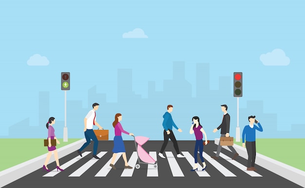 Vector pedestrian walk cross street with team people and traffic light and city