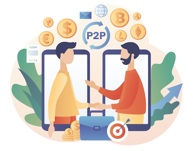 Peer-to-peerhandel. P2P-leningen. Kleine mensen gaan een depositoovereenkomst aan. Investeer e-geld.