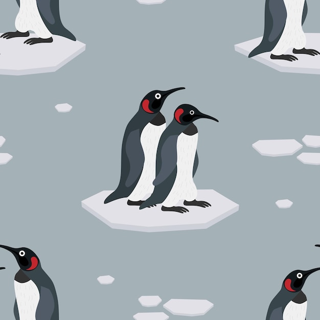 Vector penguin on the ice penguin on a blue background seamless vector pattern