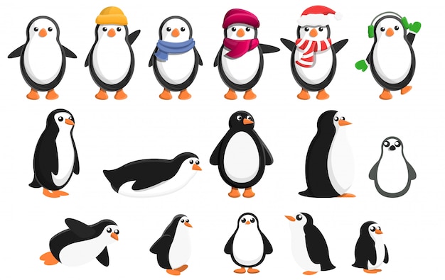 Penguin icons set, cartoon style