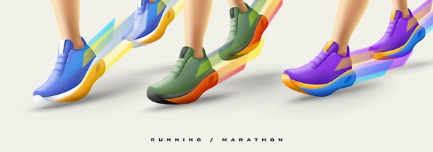 Vector people athlete marathon runner's feet running in sneakers with big speed closeup legs illustration 3d render vector