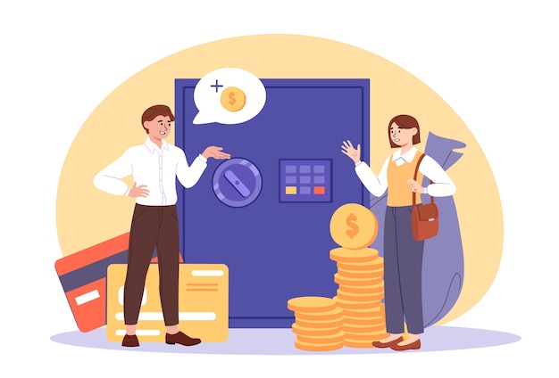 People in bank concept Man and woman near gold coins and safe Financial occupation and service Young guy and girl near deposit box for cash protection Cartoon flat vector illustration