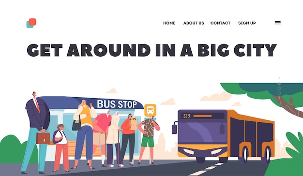 Vector people on bus station landing page template characters waiting commuter transport at city landscape public service