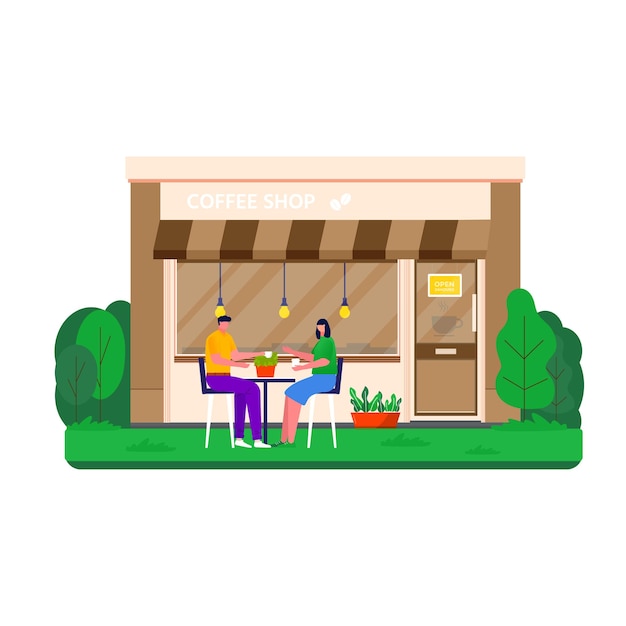 People buying coffee. coffee shop, cafe. Characters sitting at table and drink.