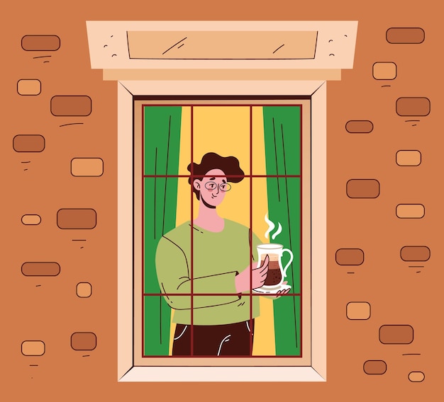 Vector people characters drinking hot tea coffee in open window concept design element concept illustration